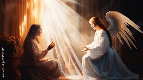 Woman with long hair on knees with stretched to holy hands receives annunciation of Blessed Virgin Mary. Annunciation of Blessed Virgin Mary gives strength to young woman kneels asking for help