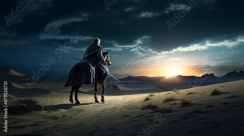 A knight on a horse in the desert while the sun is rising © Vivid Frames