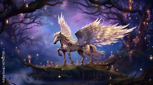 white Pegasus standing gracefully under the starlight, its large wings ready for flight