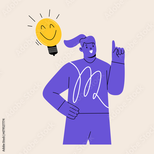 Happy woman come up with brilliant creative idea. Concept of new idea. Colorful vector illustration