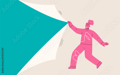 Woman pull rope to open empty paper. Colorful vector illustration