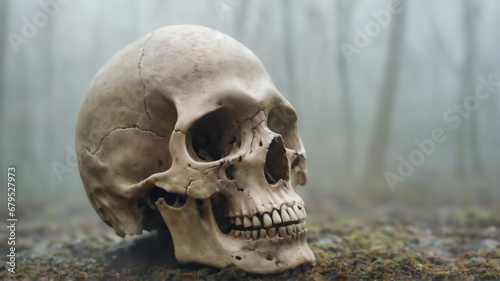 A human skull in a wooded area.