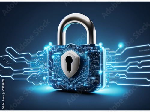 Digital padlock for computing system on dark blue background, cyber security technology for fraud prevention and privacy data network protection
