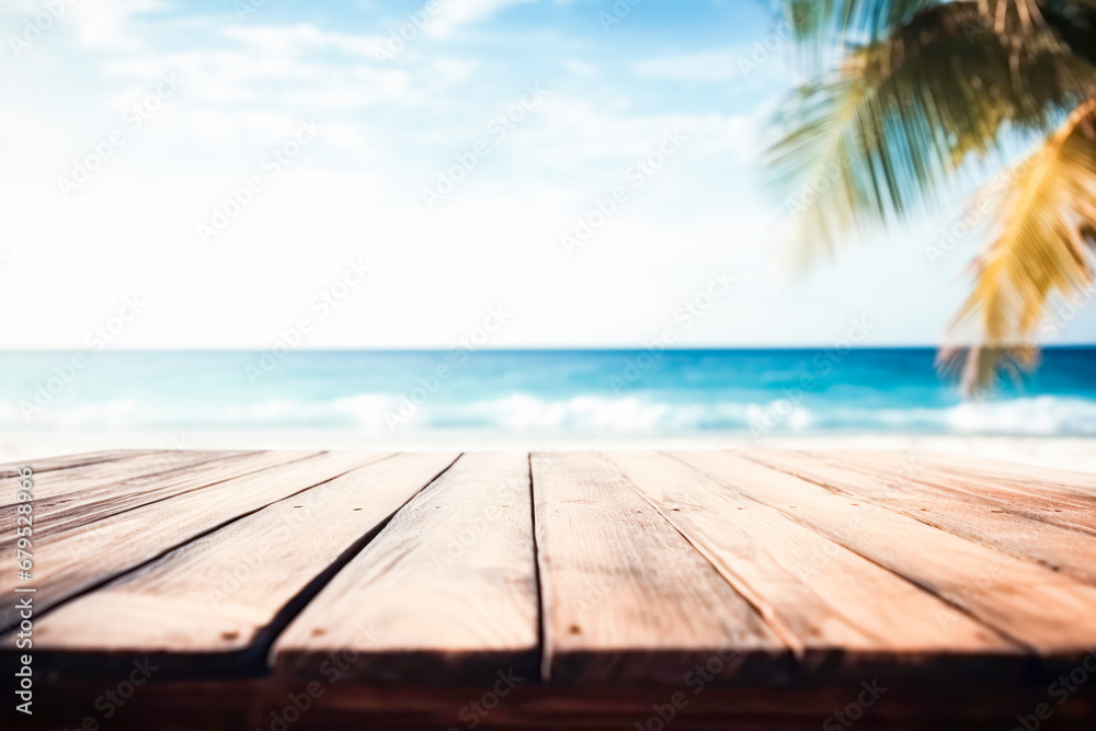 Top of wood table with seascape, blur calm sea and sky at tropic