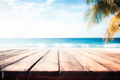 Top of wood table with seascape, blur calm sea and sky at tropic