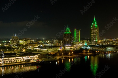 Downtown Mobile  Alabama riverside skyline at night