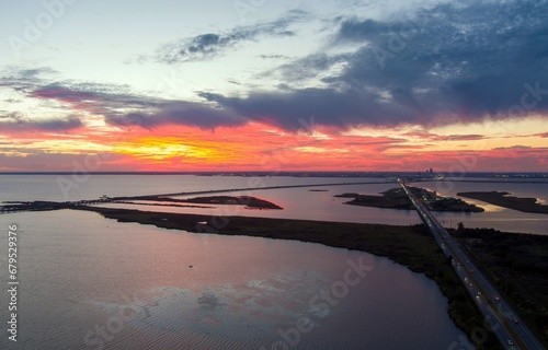 Mobile Bay causeway and the Jubilee Parkway bridge at sunset
