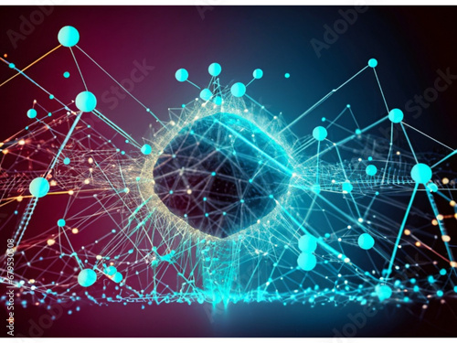 Abstract technology background of a quantum computing system with a cyber network grid and connected particles. Artificial neurons, global data connections