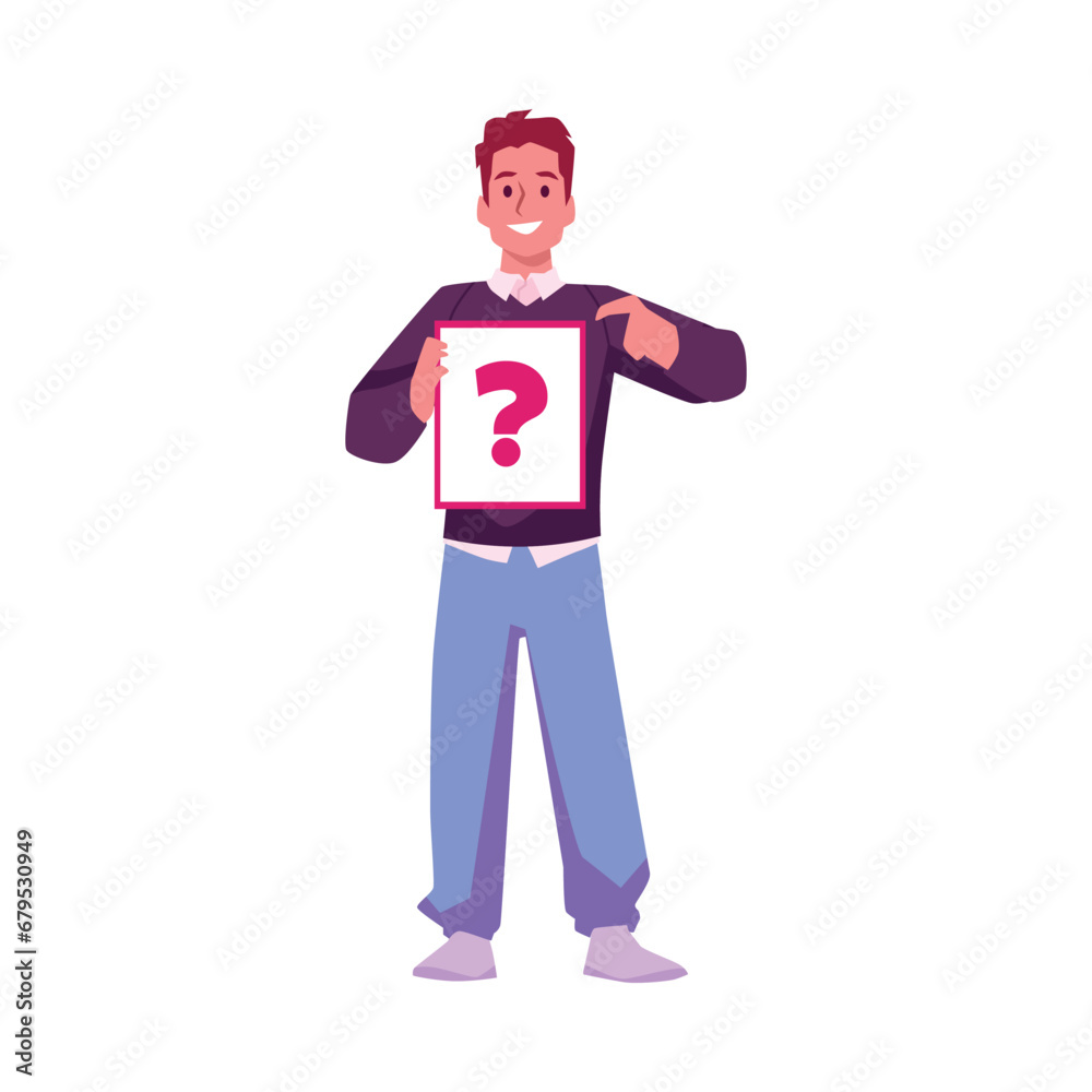 Man hand pointing finger at banner with question mark, vector person makes a gesture and showing, unknown choosing
