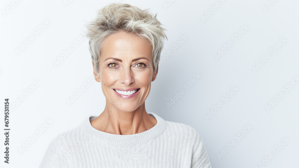 Close up of a 50s middle age woman smiling and wearing a sweather on a white background. Healthy face skin care beauty, skincare cosmetics, dental.
Close up of a 50s middle age woman smiling and wearing a sweather on a white background. Healthy face skin care beauty, skincare cosmetics, dental.