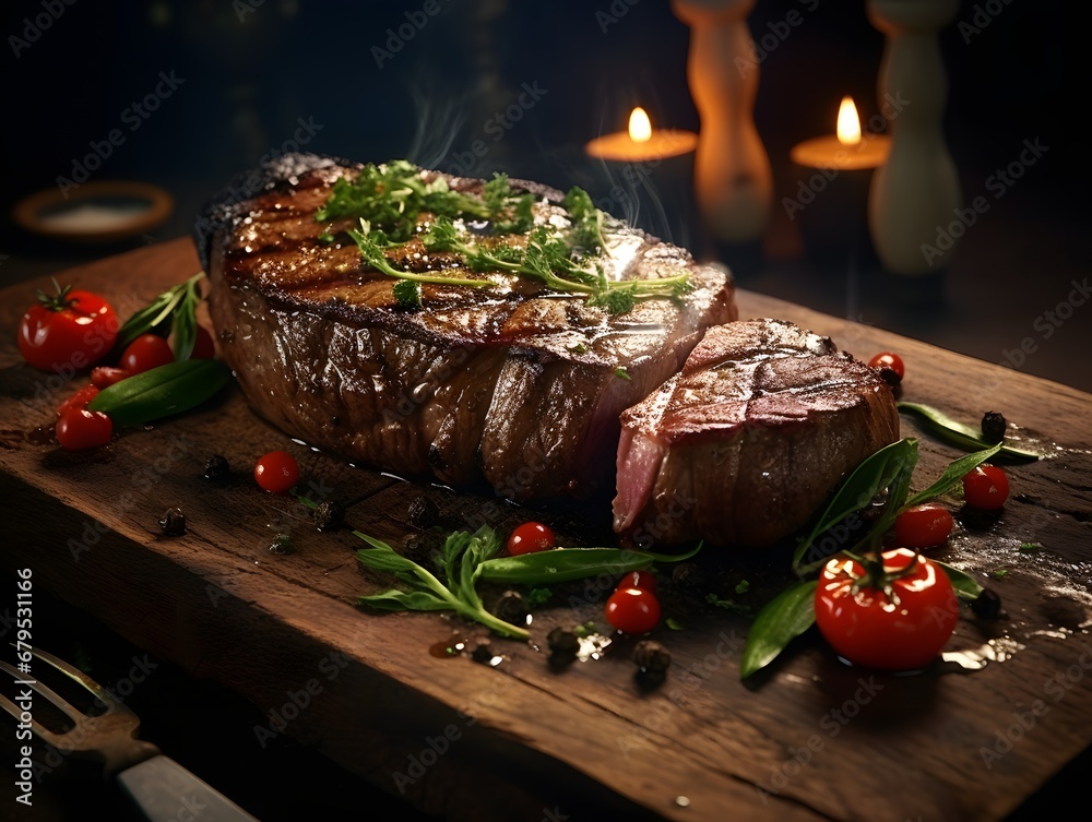 Sizzling steak with herbs and spices on wooden board