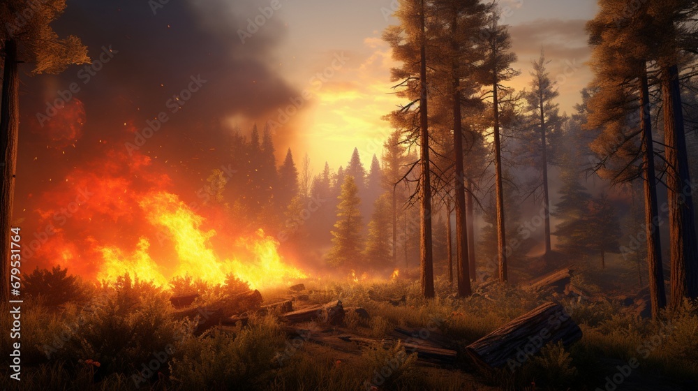 Witness the simulation of a wildfire spreading through a dense forest, threatening wildlife and flora