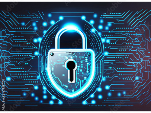 Digital padlock for computing system on dark blue background, cyber security technology for fraud prevention and privacy data network protection
