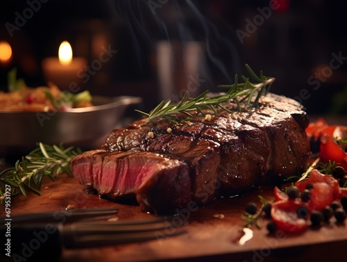 Sizzling steak with herbs and spices on wooden board