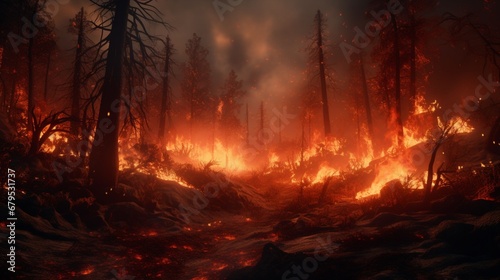 Witness the simulation of a wildfire spreading through a dense forest, threatening wildlife and flora © zahra