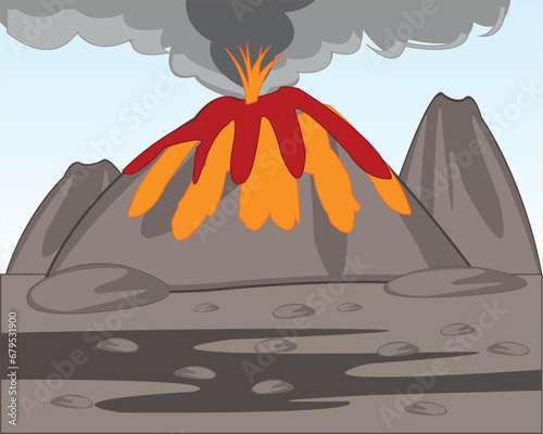 Eruption acting volcano overheated lava and smoke