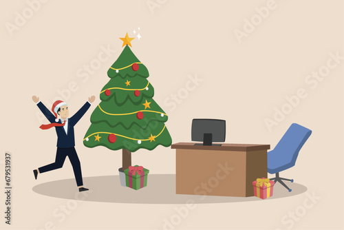 Decorating christmas tree, businessman decorating christmas tree in workplace office. Businessman illustration.