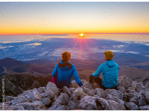 Couple of man and woman hikers on top of a mountain at sunset or sunrise, together enjoying their climbing success and the breathtaking view, looking towards the horizon 
