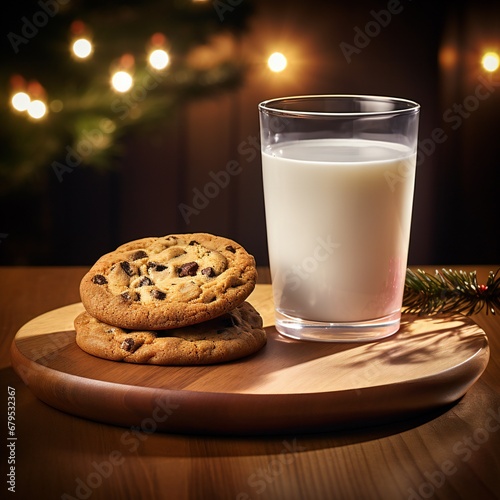christmas cookies with a glass of milk for santa on background of blurred lights