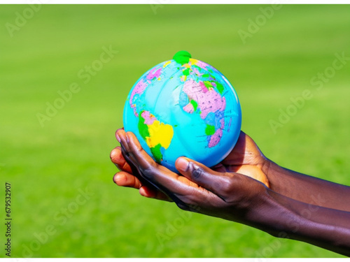 Hands holding Earth globe on a natural green background, as a symbol for environment protection and care of the planet. Earth Day concept 