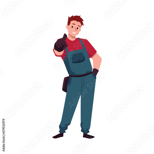 Worker man in overalls pointing hand finger forward, vector person makes a gesture paying attention, indicating