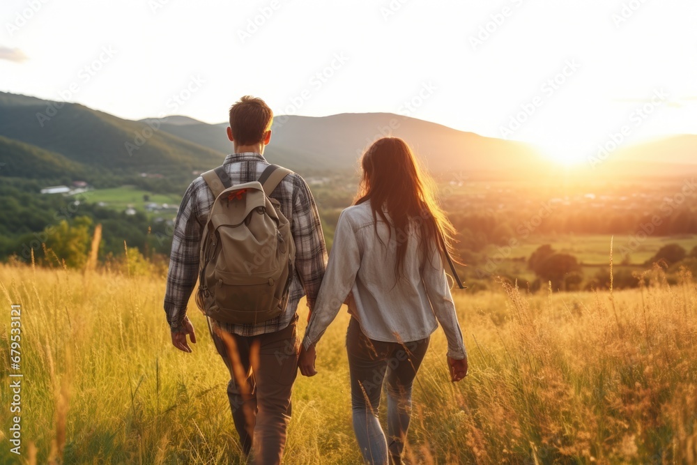 Family on foot walking climbs mountains in summer enjoying nature. Young lovely couple hikes in countryside valley to get some fresh air in mountains. Romantic couple walking in evening mountains