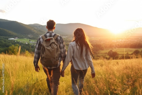 Family on foot walking climbs mountains in summer enjoying nature. Young lovely couple hikes in countryside valley to get some fresh air in mountains. Romantic couple walking in evening mountains