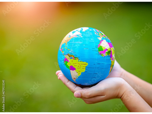 Hands holding Earth globe on a natural green background, as a symbol for environment protection and care of the planet. Earth Day concept 