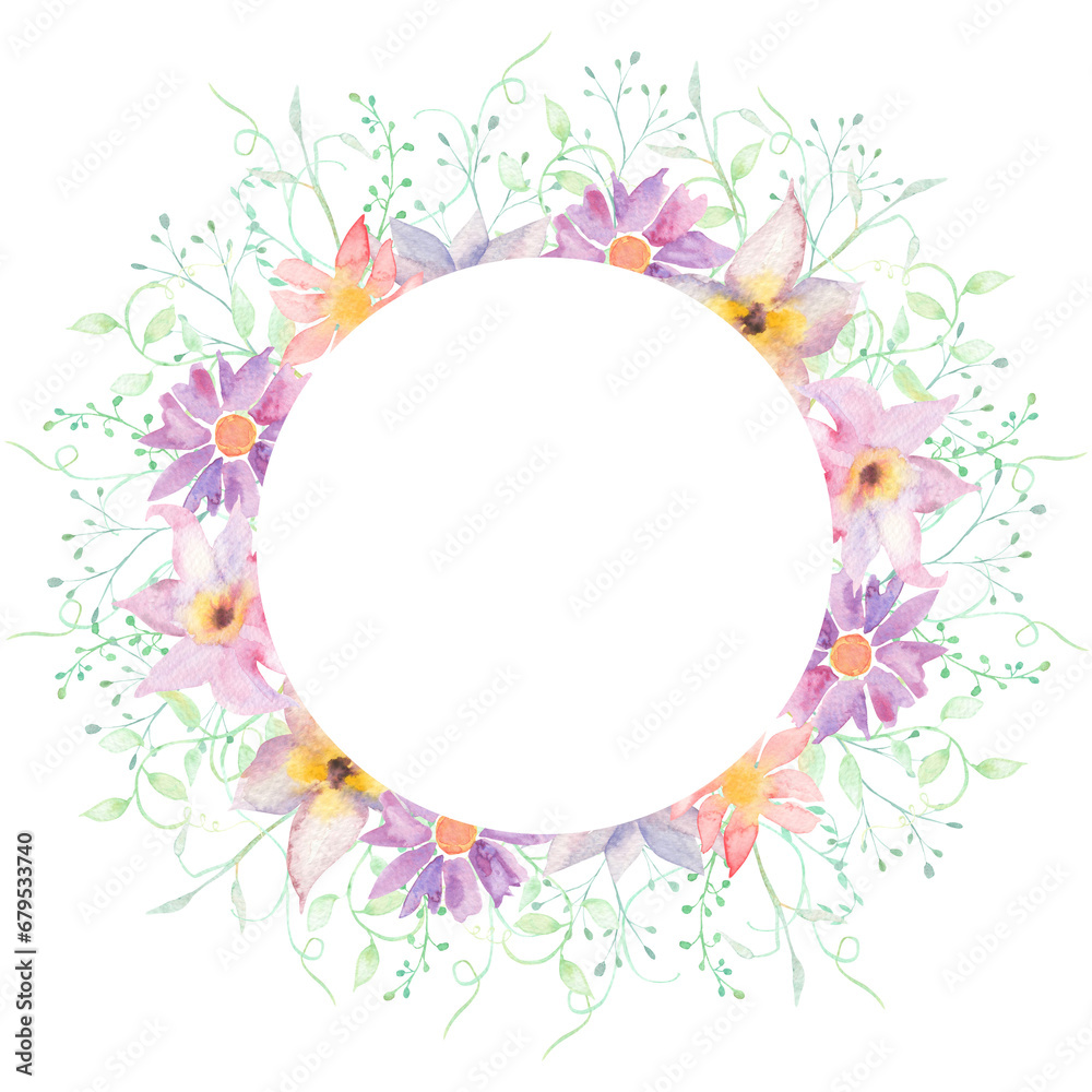 Floral, watercolor frame with hand drawn delicate flowers and green leaves. Forest flowers, wildflowers, wreath on a white background.