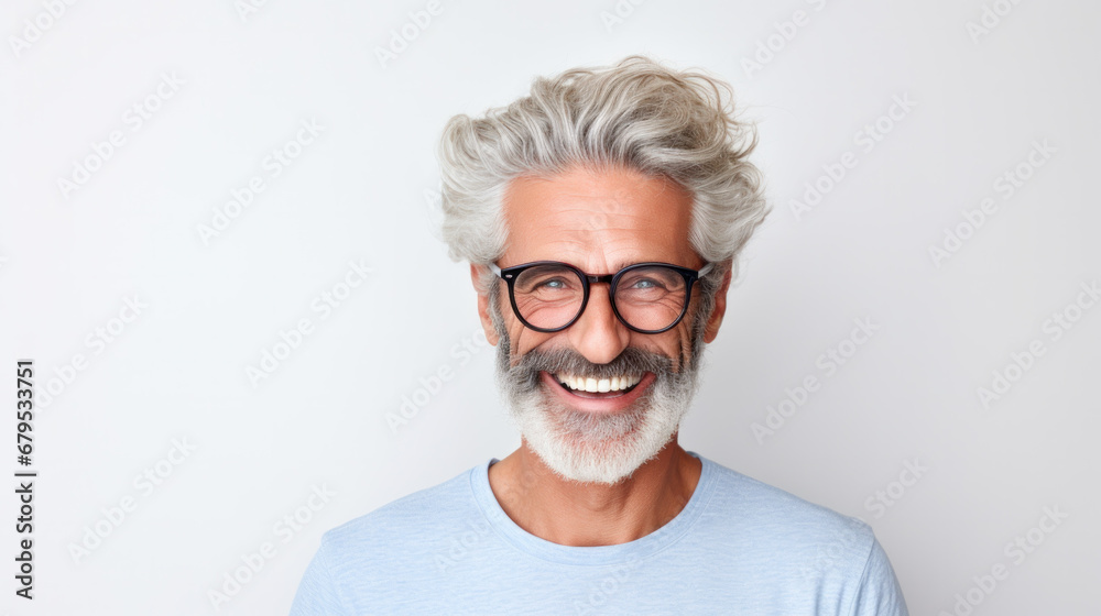 Portrait of handsome bearded elderly man keeps self confident cheerful expression at camera wears formal shirt and spectacles for vision correction isolated on white wall Portrait of handsome bearded elderly man keeps self confident cheerful expression at camera wears formal shirt and spectacles for vision correction isolated on white wall