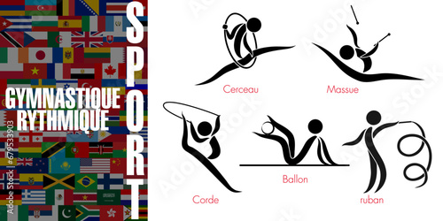 Ensemble de pictogrammes représentant les 4 disciplines sportives de gymnastique rythmique - Texte sur un fond de drapeaux mondiaux, Traduction : sport, gymnastique rythmique.