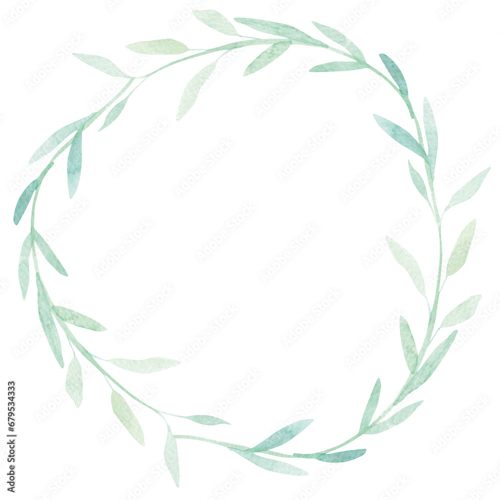 Floral, watercolor wreath with hand drawn minimalistic green leaves. Wreath isolated on a white background.