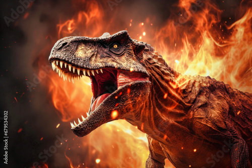 Velociraptor  dinosaur on smoke and fire background. Dinosaur in the ancient jungle. Primordial monster.