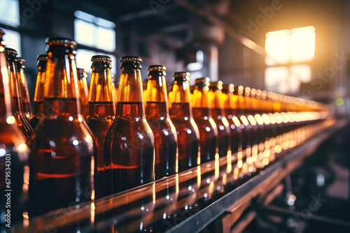 Factory for the production of beer. Brewery conveyor with glass beer drink alcohol bottles. Blurred background. Modern production for bottling drinks. Selective focus.