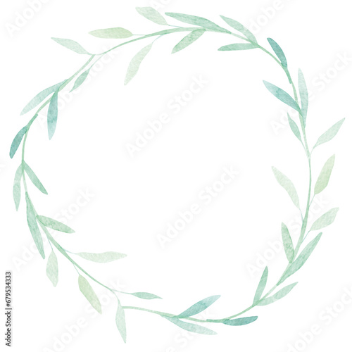 Floral, watercolor wreath with hand drawn minimalistic green leaves. Wreath isolated on a white background.