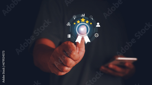 Quality Assurance Concept. Business people show high quality assurance mark, good service, premium, five stars, premium service assurance, excellence service, high quality, business excellence.