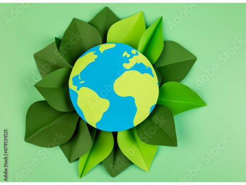 Paper earth globe surrounded by green foliage, symbol of environmental protection and care of a fragile planet - Earth Day concept