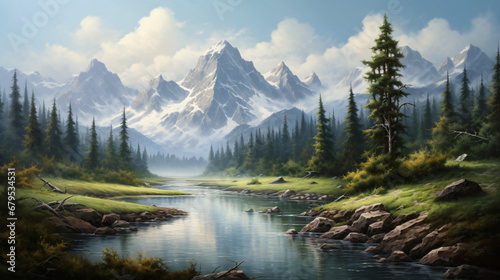 A picturesque painting of a serene mountain lake