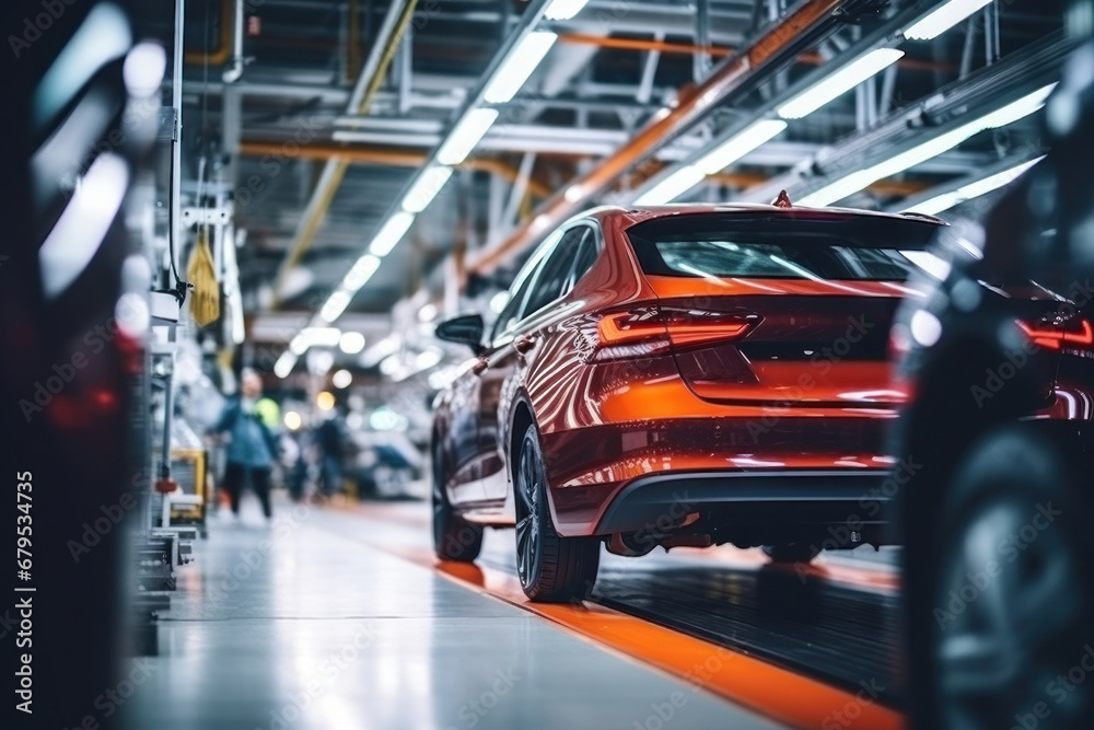 Assembly line for the production of modern cars. The final stage of assembly and testing during production. Quality control. Automated assembly. Modern technologies.