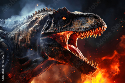 A terrible dinosaur Tyrannosaurus T-rex with an open huge mouth against a background of fire and smoke in the burning primeval jungle. Death of the dinosaurs.