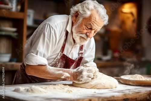 An elderly male baker prepares dough for bread in the kitchen. Kneads dough for baking. Homemade bread production. Fresh bakery. Private production.