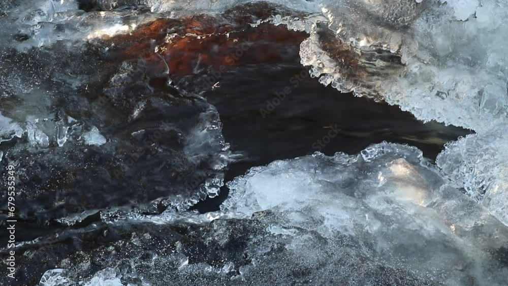 water flowing in a icy creek in winter water flowing in a icy creek in winter