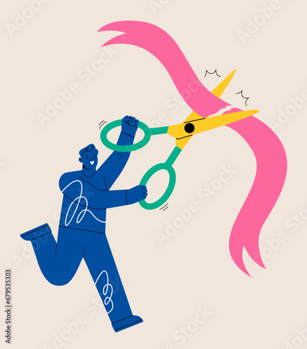 Man standing cutting ribbon with scissors. Business startup and success concept. Colorful vector illustration