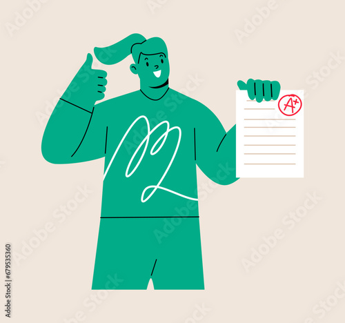 Young woman standing holding  exam with excellent result. Success in education and learning concept. Colorful vector illustration