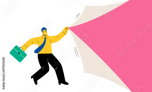 Business man pull rope to open empty paper. Flat vector illustration isolated on white background