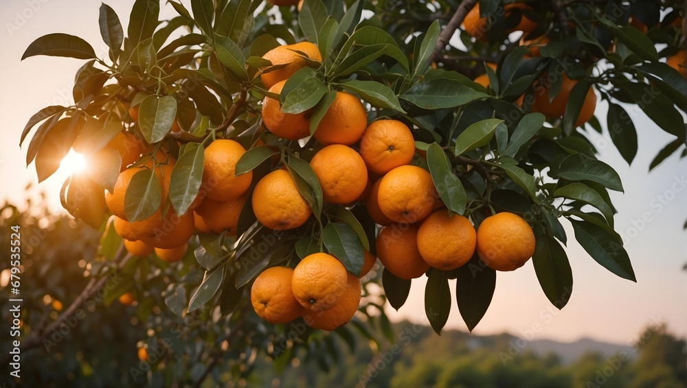 fresh oranges on the branch