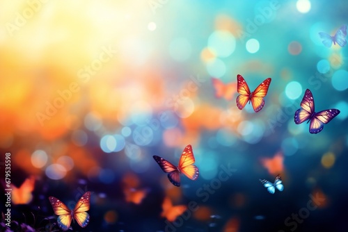 Magical fantasy enchanted fairy tale landscape with fabulous flying butterflies on blurred mysterious blue background