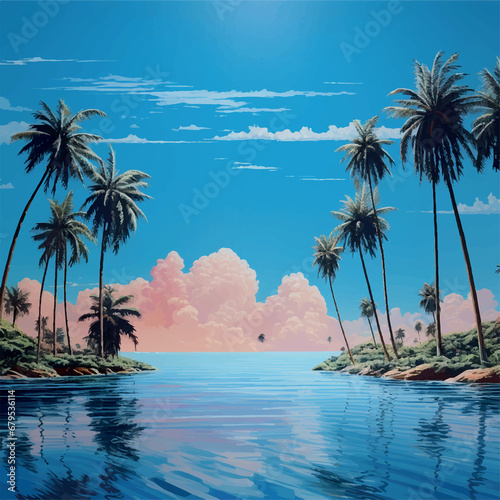 blue sea with blue sky and palm trees background illustration