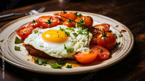 A plate topped with a fried egg and fresh tomatoes
