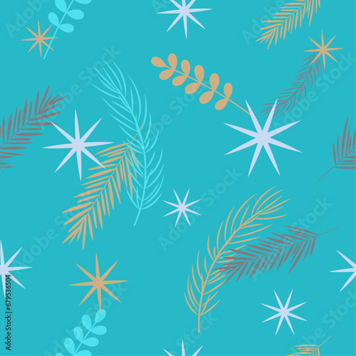 Seamless pattern with tree branches and snowflakes